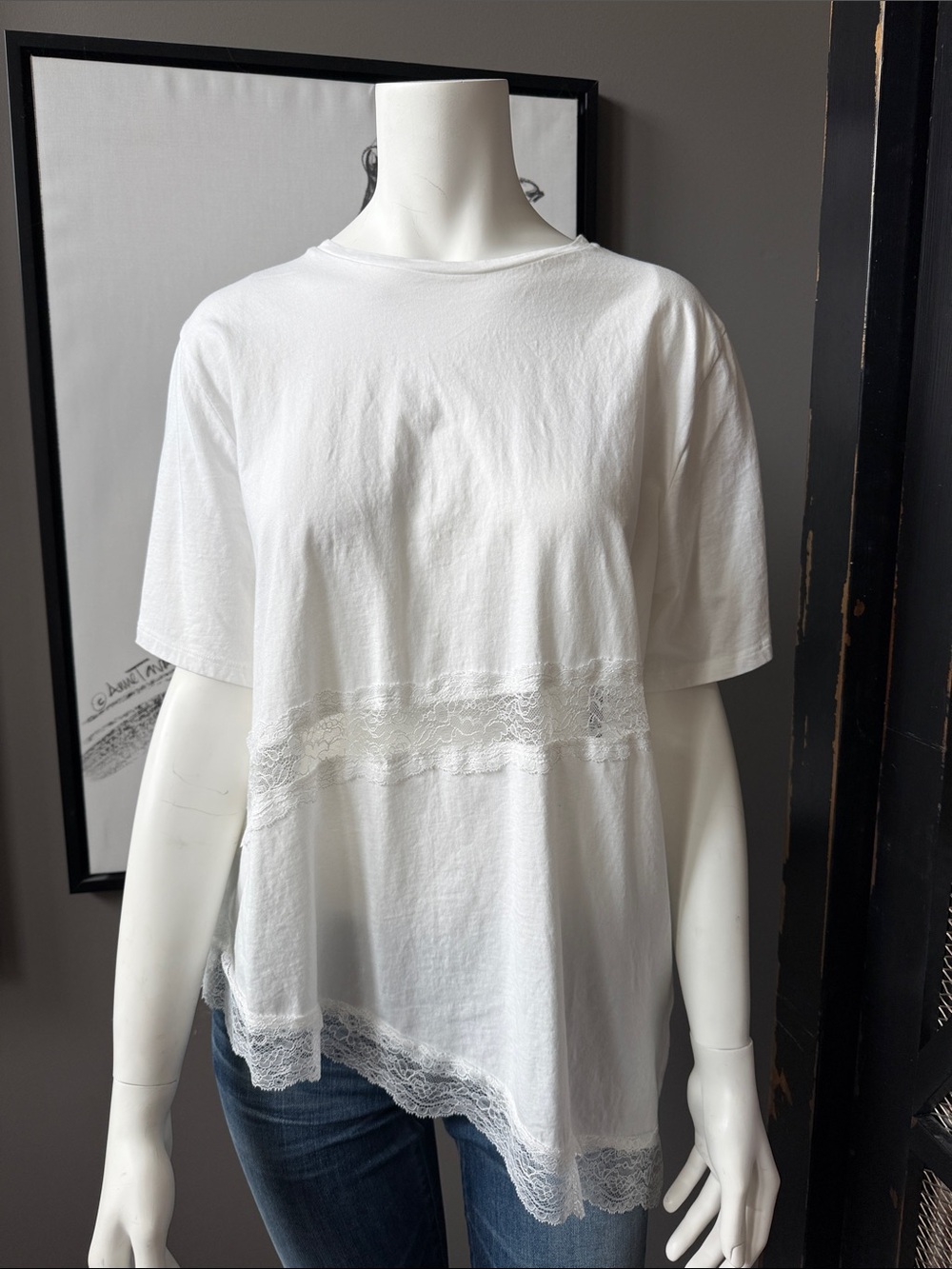 H&M White Short Sleeve Lace-Trim Tee